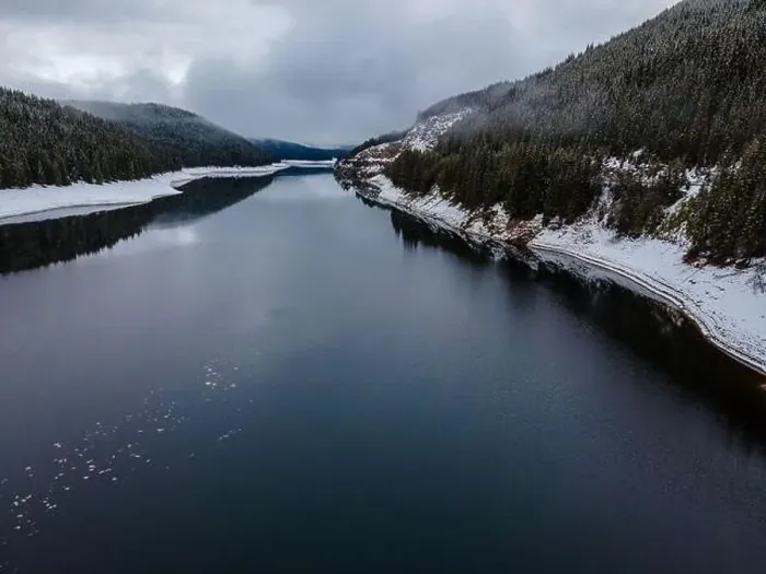 Framed Print : Mountain lake photography in winter season, shot from a drone Framed Print : Mountain lake photography in winter season, shot from a drone