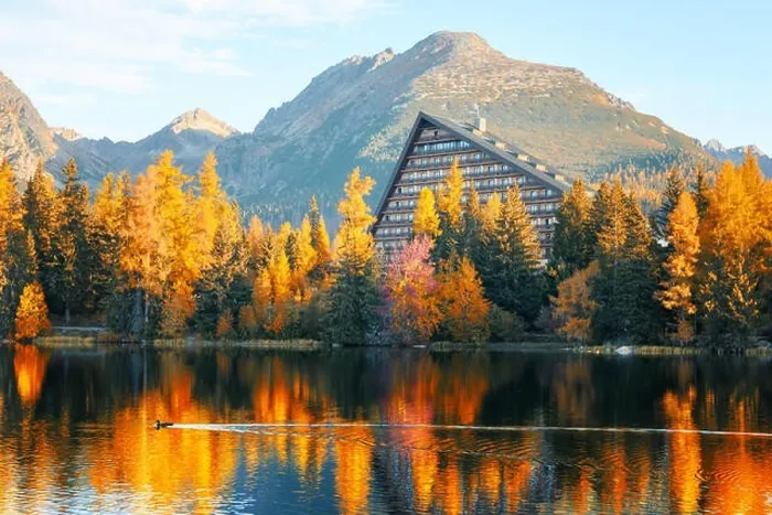 Framed Print : Mountain lake Strbske pleso (Strbske lake) in autumn time. High Tatras national park, Slovakia