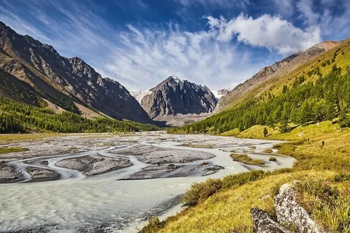 Framed Print : Mountain landscape, beautiful Aktru valley in Altai mountains Framed Print : Mountain landscape, beautiful Aktru valley in Altai mountains
