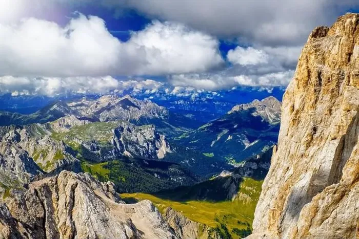 Framed Print : Mountain landscape from Marmolada mountain peak in italian alps against blue sky Framed Print : Mountain landscape from Marmolada mountain peak in italian alps against blue sky