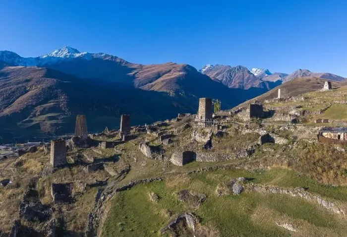 Framed Print : Mountain landscape and medieval architecture of North Ossetia. Shot on a drone Framed Print : Mountain landscape and medieval architecture of North Ossetia. Shot on a drone