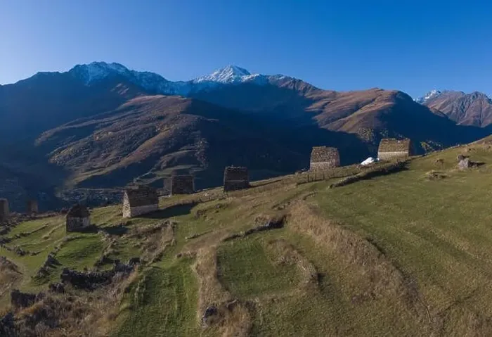 Framed Print : Mountain landscape and medieval architecture of North Ossetia. Shot on a drone Framed Print : Mountain landscape and medieval architecture of North Ossetia. Shot on a drone