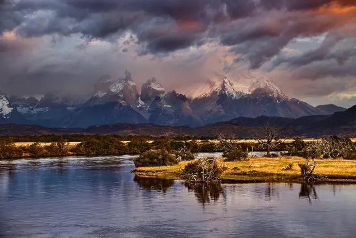 Framed Print : Mountain landscape at sunrise, Torres del Paine National Park, Patagonia, Chile Framed Print : Mountain landscape at sunrise, Torres del Paine National Park, Patagonia, Chile