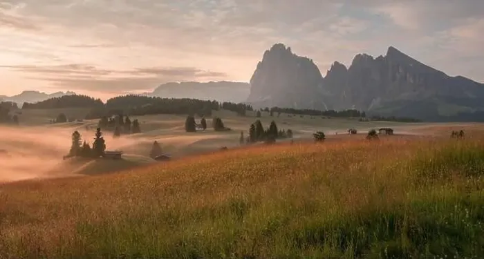 Framed Print : Mountain meadows of the Dolomites in the morning fog and mist with ethereal atmosphere Framed Print : Mountain meadows of the Dolomites in the morning fog and mist with ethereal atmosphere