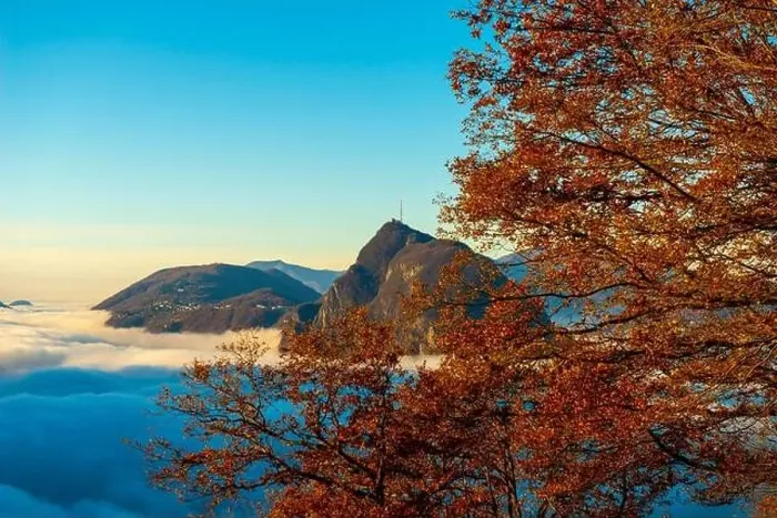 Framed Print : Mountain Peak San Salvatore Above Cloudscape with a Autumn Tree and Sunlight with Clear Sky in Lugano Framed Print : Mountain Peak San Salvatore Above Cloudscape with a Autumn Tree and Sunlight with Clear Sky in Lugano