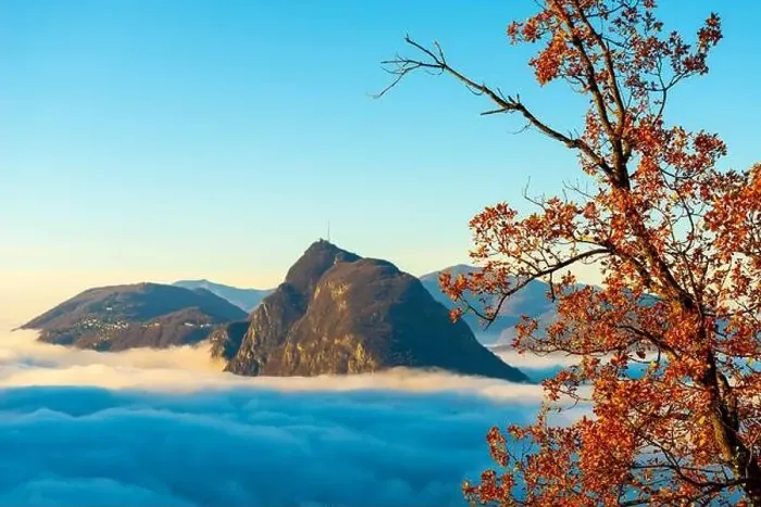 Framed Print : Mountain Peak San Salvatore Above Cloudscape with a Autumn Tree and Sunlight with Clear Sky in Lugano Framed Print : Mountain Peak San Salvatore Above Cloudscape with a Autumn Tree and Sunlight with Clear Sky in Lugano