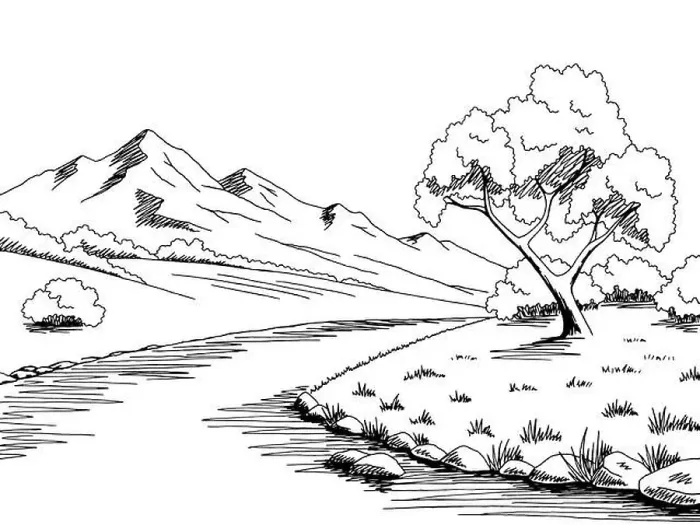 Framed Print : Mountain river graphic black white landscape sketch illustration vector Framed Print : Mountain river graphic black white landscape sketch illustration vector