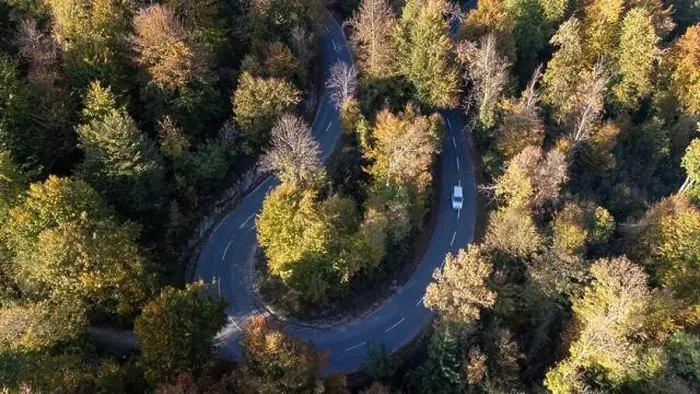 Framed Print : Mountain road surrounded by fall season forest. Aerial photography Framed Print : Mountain road surrounded by fall season forest. Aerial photography