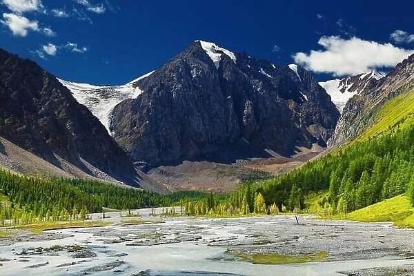 Mountain valley with river and green forest, Altai mountains, Russia