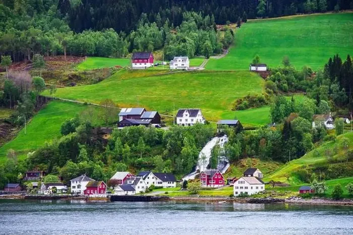 Framed Print : Mountains and Fjord over Norwegian Village, Olden, Innvikfjorden, Norway, Europe