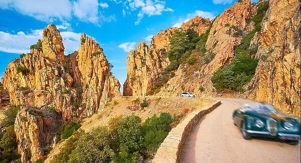 Mountains road through the Calanches de Piana, Golfe de Porto, Corsica Island, France, UNESCO