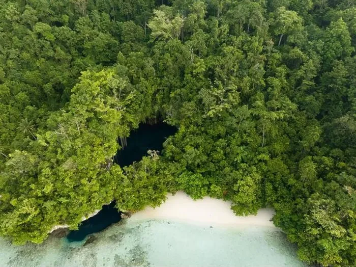 Framed Print : The mouth of a dark, water-filled cave opens on the edge of a forest-covered limestone island near Fak Fak, Indonesia. Limestone often harbors caves Framed Print : The mouth of a dark, water-filled cave opens on the edge of a forest-covered limestone island near Fak Fak, Indonesia. Limestone often harbors caves