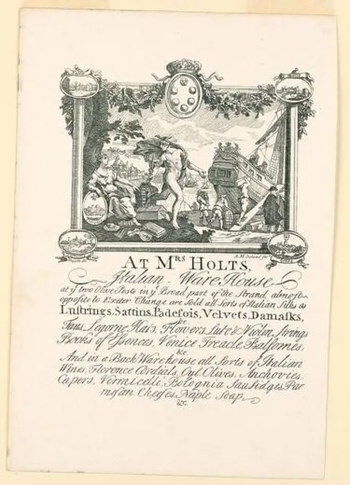 Framed Print : Mrs Holts Shop Card. Research in ProgressThe upper part depicts a harbor scene Framed Print : Mrs Holts Shop Card. Research in ProgressThe upper part depicts a harbor scene