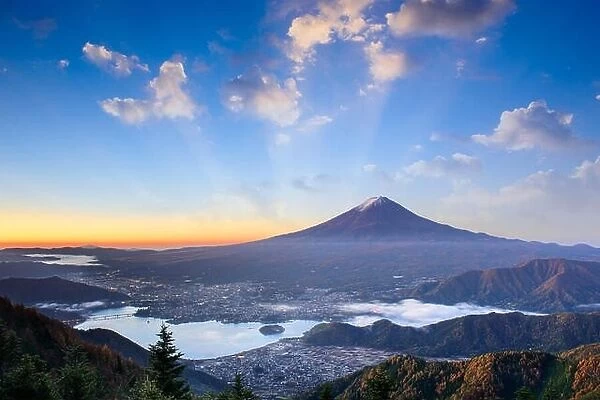 Mt. Fuji, Japan over lake Kawaguchi on an autumn morning