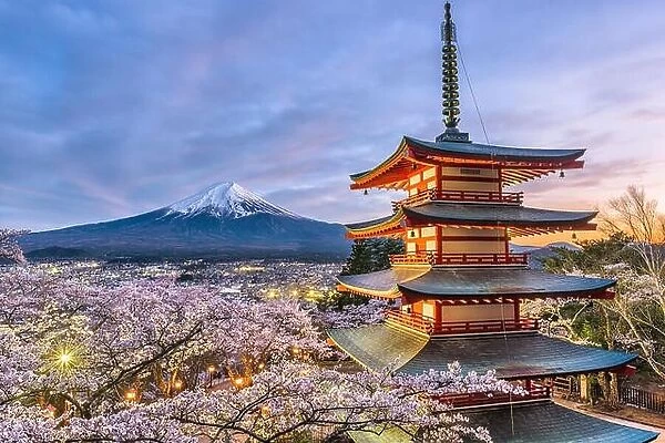 Mt. Fuji and temple pagoda in Fujiyoshida, Japan