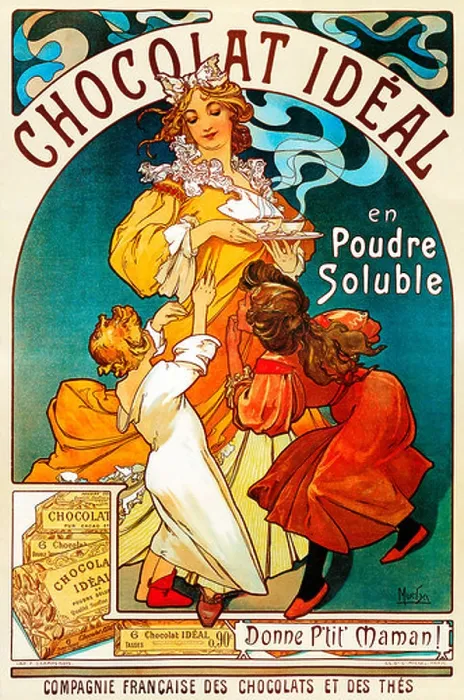 Framed Print : Mucha, Chocolat Ideal, 1897 Art Nouveau poster by Alphonse Mucha for the French hot chocolate drink Framed Print : Mucha, Chocolat Ideal, 1897 Art Nouveau poster by Alphonse Mucha for the French hot chocolate drink