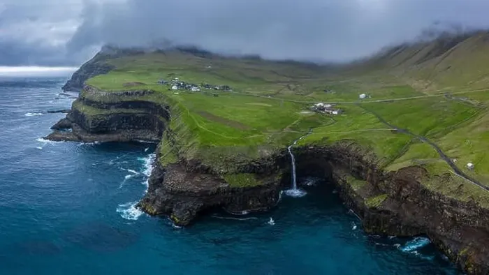 Framed Print : Mulafossur waterfall aerial drone view in Gasadalur, Vagar, Faroe Islands 16:9 Framed Print : Mulafossur waterfall aerial drone view in Gasadalur, Vagar, Faroe Islands 16:9