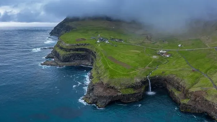 Framed Print : Mulafossur waterfall aerial drone view in Gasadalur, Vagar, Faroe Islands 16:9
