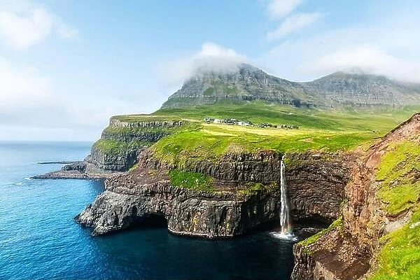 Mulafossur waterfall in Gasadalur, Vagar Island of the Faroe Islands