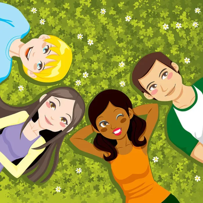 Framed Print : Four multi ethnic boys and girls friends resting happy together lying outdoors on a clover field Framed Print : Four multi ethnic boys and girls friends resting happy together lying outdoors on a clover field