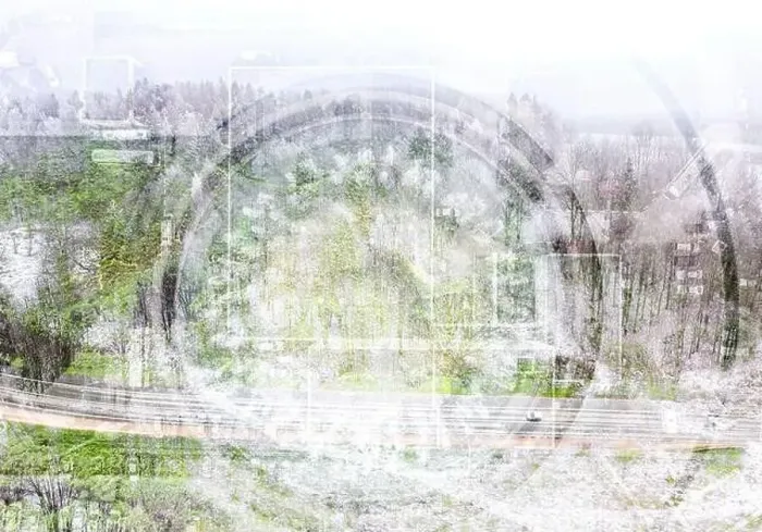 Framed Print : multi exposed image. rural landscape with forest road and urban scene with parked cars. aerial view Framed Print : multi exposed image. rural landscape with forest road and urban scene with parked cars. aerial view