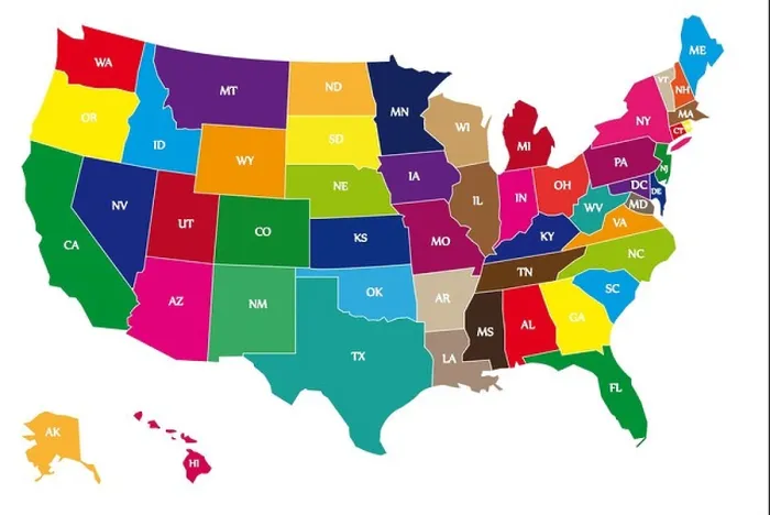 Framed Print : Multicolor Bordering Geographical Map of USA with Bordering Lines and Two-Letter Abbreviations of Every US State Framed Print : Multicolor Bordering Geographical Map of USA with Bordering Lines and Two-Letter Abbreviations of Every US State