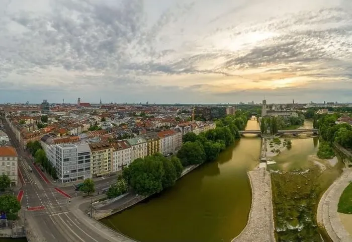 Framed Print : Munich view from a drone at the sunrise includes the Isar river and some popular landmarks Framed Print : Munich view from a drone at the sunrise includes the Isar river and some popular landmarks