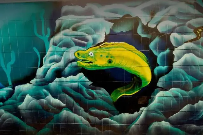 Framed Print : Mural of conger eel in Hibiscus walk underpass in Porthcawl UK Framed Print : Mural of conger eel in Hibiscus walk underpass in Porthcawl UK