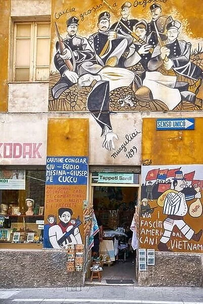 Murales in Orgosolo village, art street wall painting, Nuoro Province, Sardinia, Italy