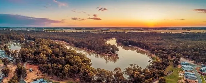 Framed Print : Murray River bend at sunset - aerial panorama