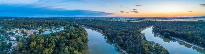 Framed Print : Murray River at dusk aerial panoramic landscape Framed Print : Murray River at dusk aerial panoramic landscape