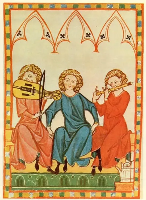 Framed Print : Musicians from the Middle Ages illumination with minstrel accompanied by viella & flute Framed Print : Musicians from the Middle Ages illumination with minstrel accompanied by viella & flute
