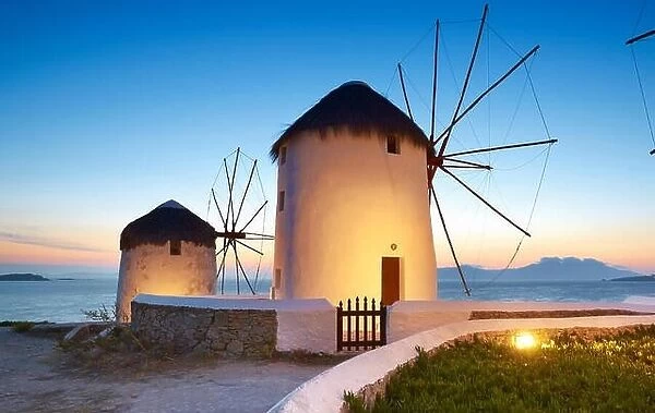 Mykonos evening landscape with a windmills, Mykonos Island, Cyclades Islands, Greece