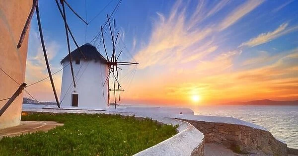 Mykonos sanset landscape with a windmills, Mykonos Island, Greece
