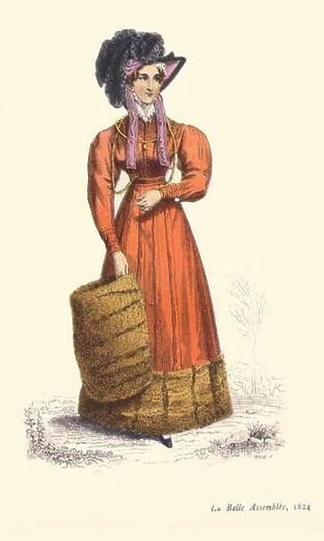 N / A. English: Fashion plate of a fur-trimmed carriage dress, 1824. December 1824. Unknown 28 1824 laver coral