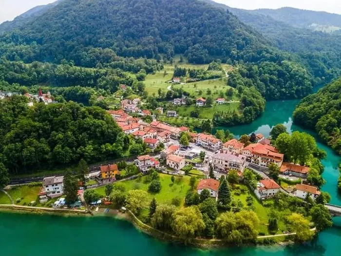 Framed Print : Most na Soci in Slovenia Drone View Framed Print : Most na Soci in Slovenia Drone View