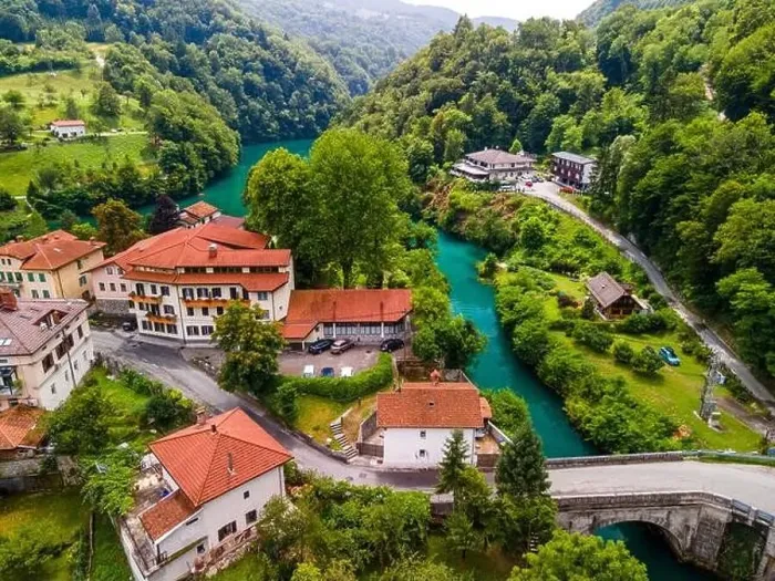 Framed Print : Most na Soci in Slovenia Drone View Framed Print : Most na Soci in Slovenia Drone View