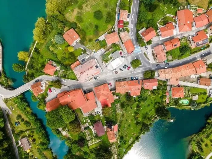Framed Print : Most na Soci in Slovenia Drone View over Town Framed Print : Most na Soci in Slovenia Drone View over Town