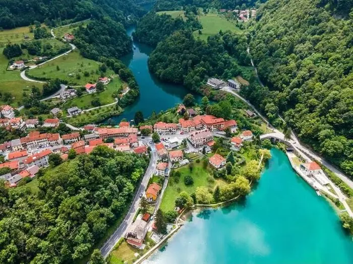 Framed Print : Most na Soci in Slovenia Drone View over Town Framed Print : Most na Soci in Slovenia Drone View over Town
