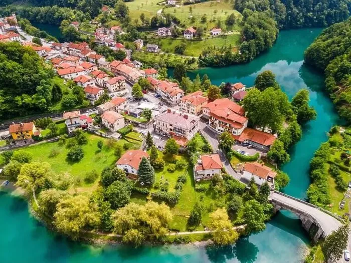 Framed Print : Most na Soci Town by Soca River in Slovenia Framed Print : Most na Soci Town by Soca River in Slovenia