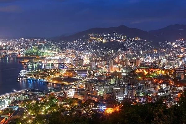 Nagasaki, Japan aerial cityscape at night