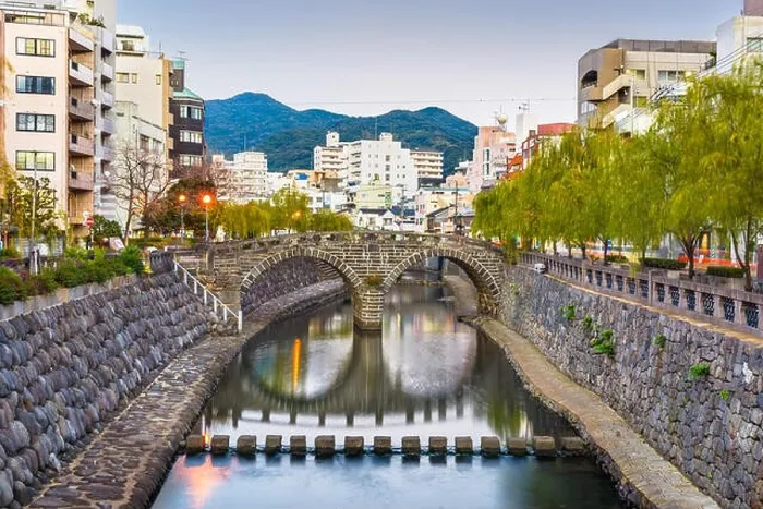 Framed Print : Nagasaki, Japan cityscape with Megane Spectacles Bridge at dusk