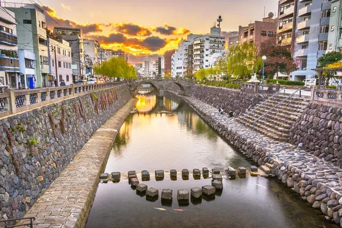 Framed Print : Nagasaki, Japan cityscape with Megane Spectacles Bridge at sunset