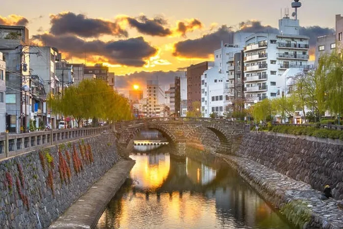Framed Print : Nagasaki, Japan cityscape with Megane Spectacles Bridge at sunset Framed Print : Nagasaki, Japan cityscape with Megane Spectacles Bridge at sunset
