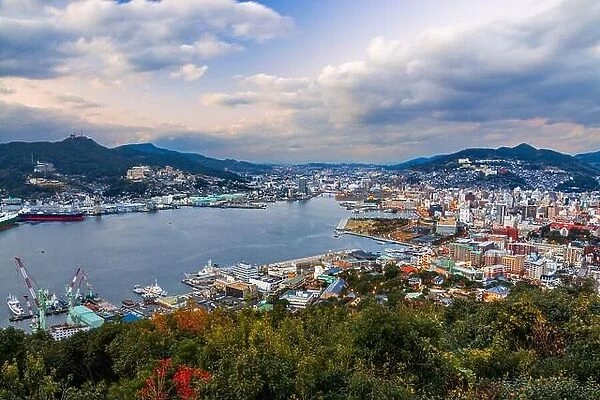 Nagasaki, Japan skyline over the bay in early fall season