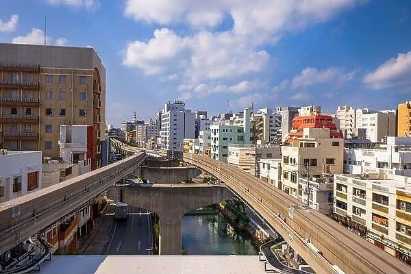 Naha, Okinawa, Japan city skyline from the monorail