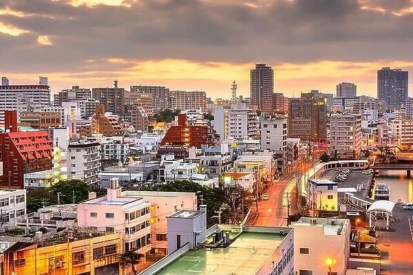Naha, Okinawa, Japan downtown skyline at dawn from Tomari Port