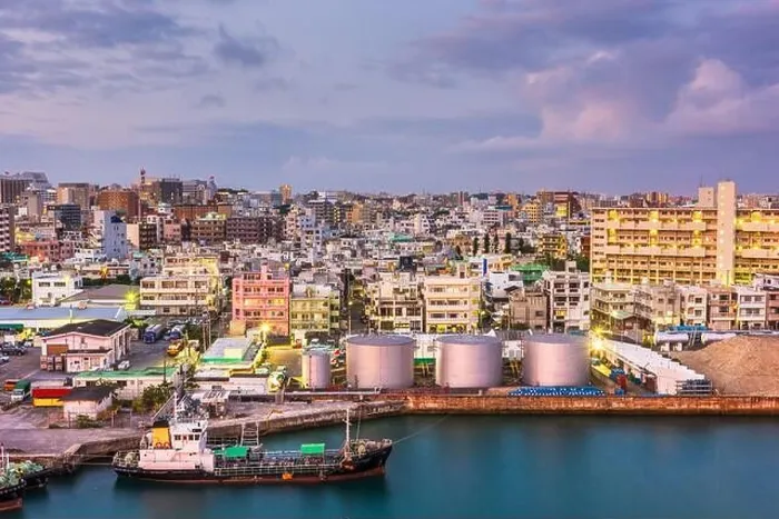 Framed Print : Naha, Okinawa, Japan industrial cityscape along Tomari Port at twilight Framed Print : Naha, Okinawa, Japan industrial cityscape along Tomari Port at twilight