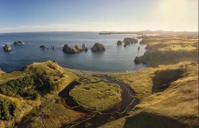Framed Print : In the Nameless Bay on Shikotan Island, Kuril Islands, panoramic image. Aerial view Framed Print : In the Nameless Bay on Shikotan Island, Kuril Islands, panoramic image. Aerial view