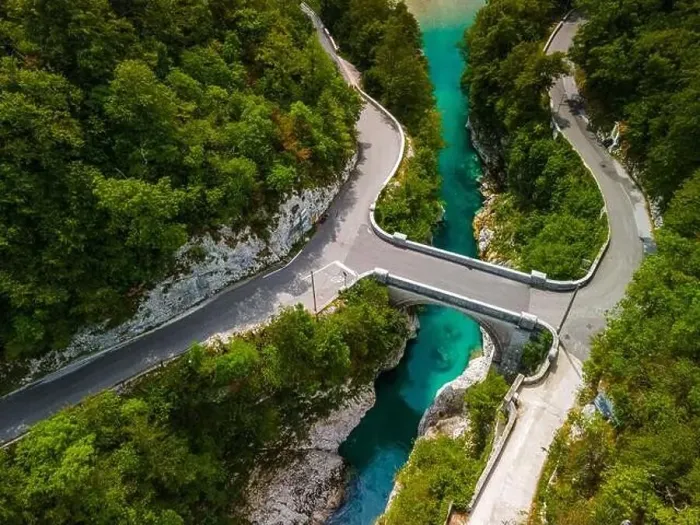 Framed Print : Napoleons Bridge Over Soca River Valley in Slovenia. Drone View from Above